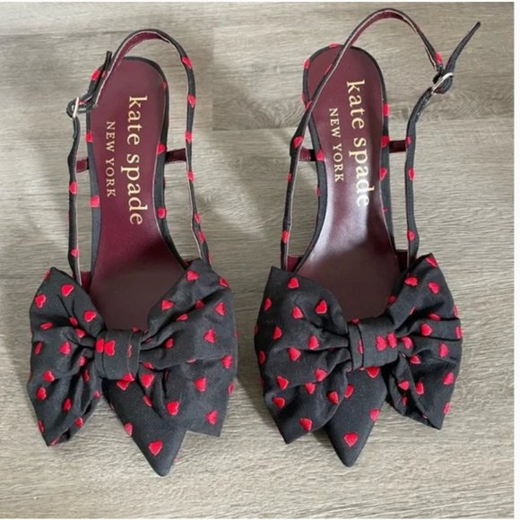kate spade Sheela Slingback Pumps heels shoes black red heart bow size 6 nwot - Picture 9 of 13